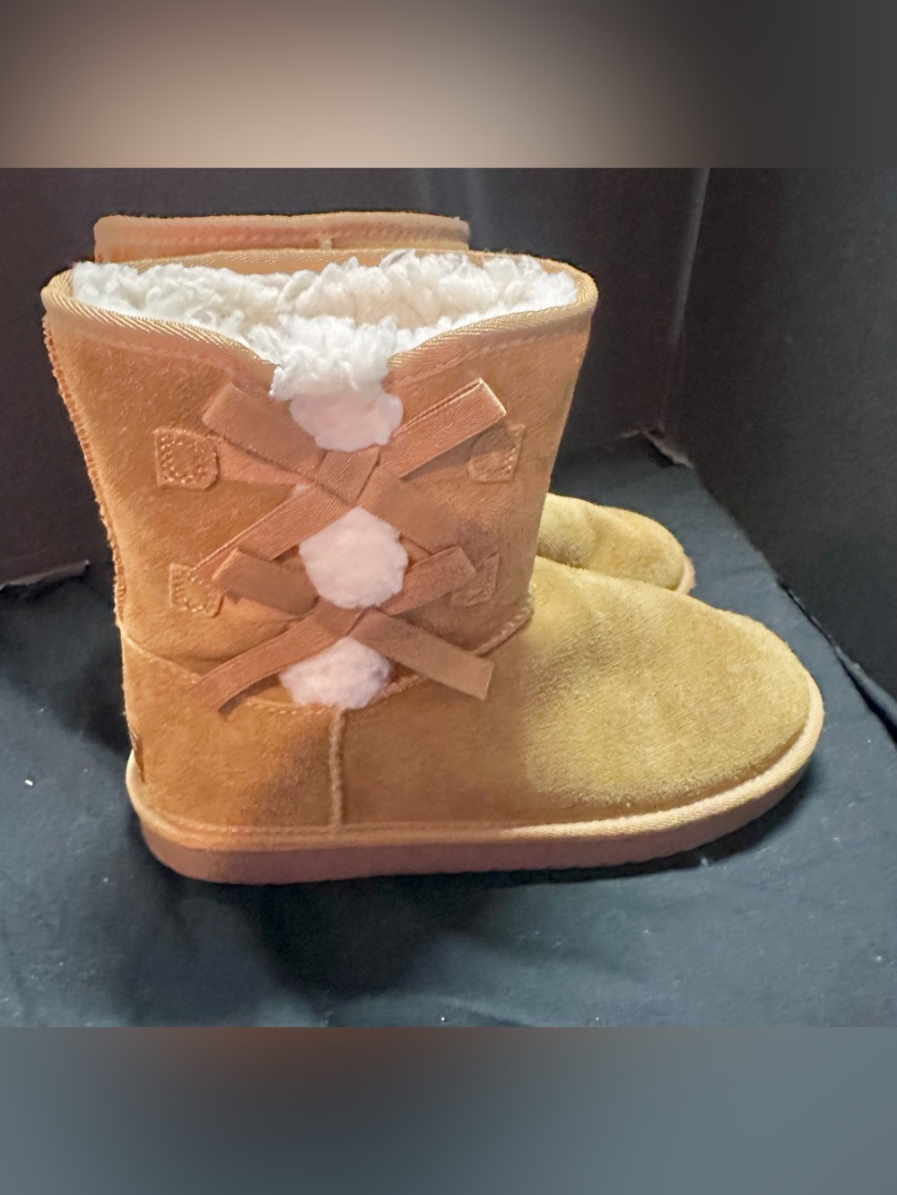 Koolaburra Chestnut Faux-Suede Kids Boot with Pom-Pom Bows